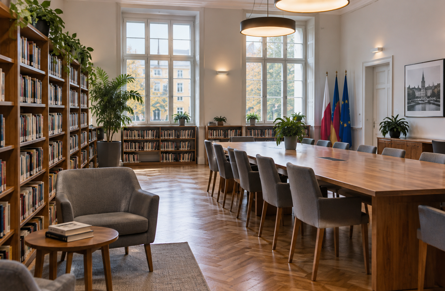 Neutralna ilustracja: biblioteka i sala obywatelska.
