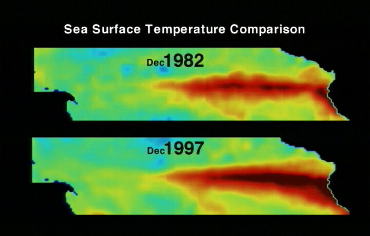 Porównanie historycznych anomalii temperatury powierzchni oceanu podczas El Niño 1982–1983 i 1997, opracowanie NASA; nie prognoza 2026