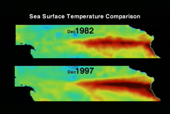Porównanie historycznych anomalii temperatury powierzchni oceanu podczas El Niño 1982–1983 i 1997, opracowanie NASA; nie prognoza 2026