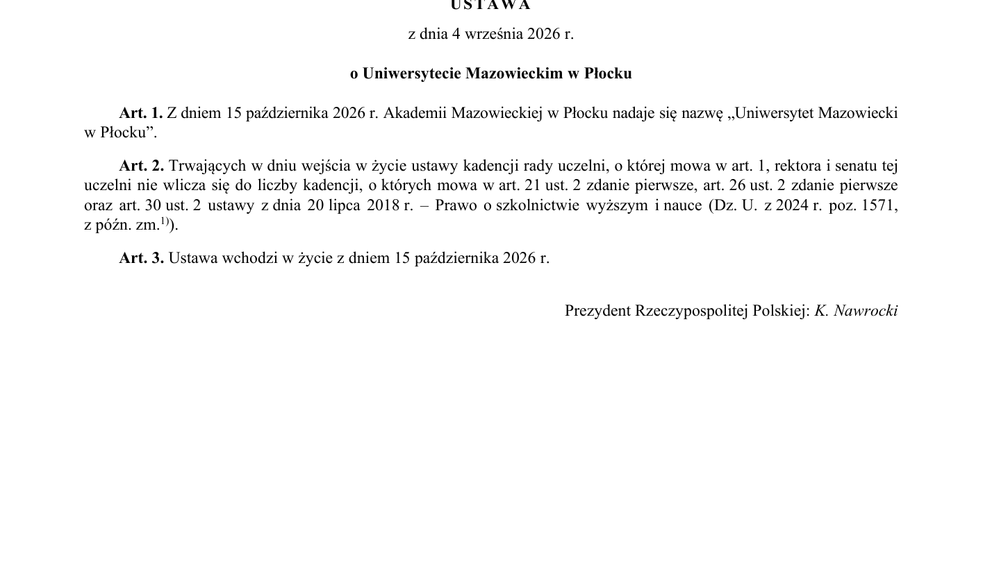 Ogłoszona 8 października 2026 ustawa o Uniwersytecie Mazowieckim w Płocku, Dziennik Ustaw poz. 1308