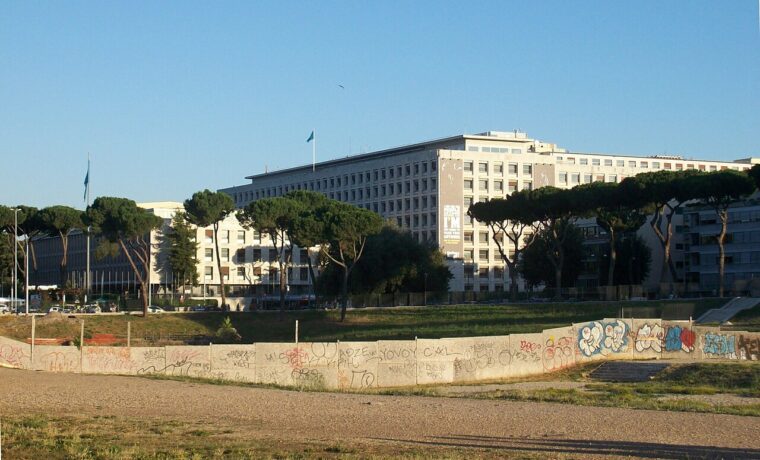 Budynek FAO i Circo Massimo w Rzymie, fotografia z 2012 roku; nie dokumentuje instalacji wystawy 2026